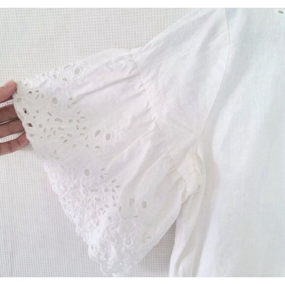 LOFT Blouse White Embroidered Eyelet Short Sleeve Size Medium Linen - Picture 5 of 14